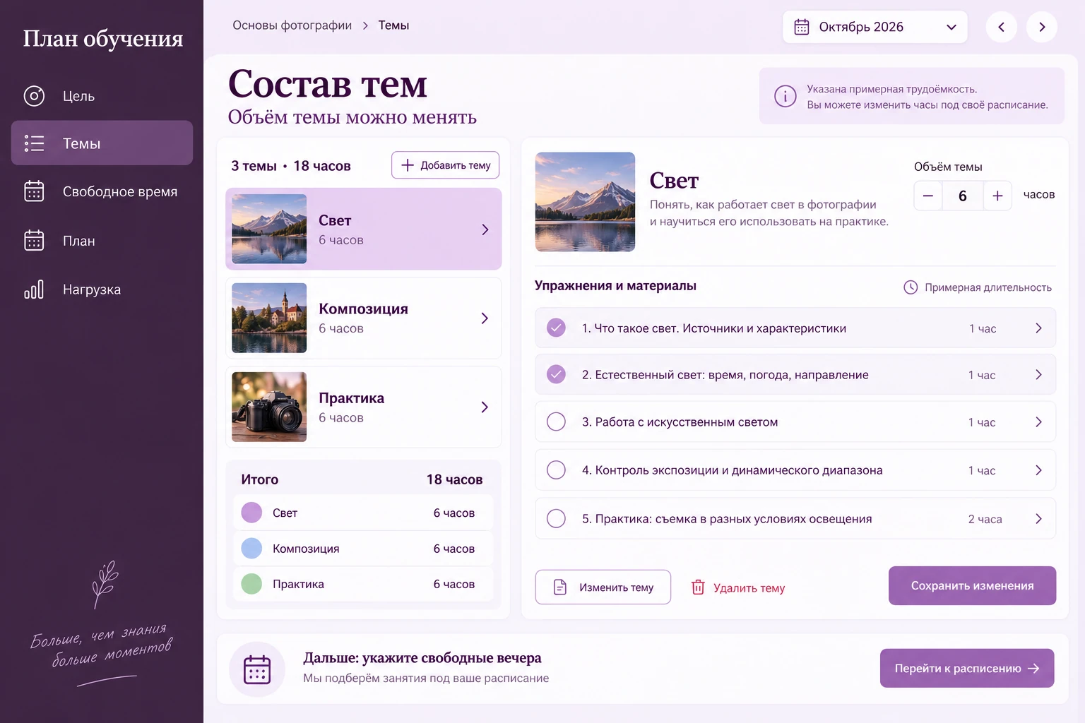 План обучения: Состав тем