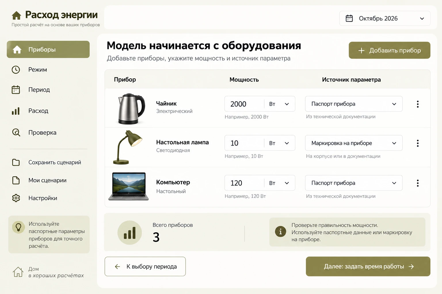 Расход энергии: Список приборов