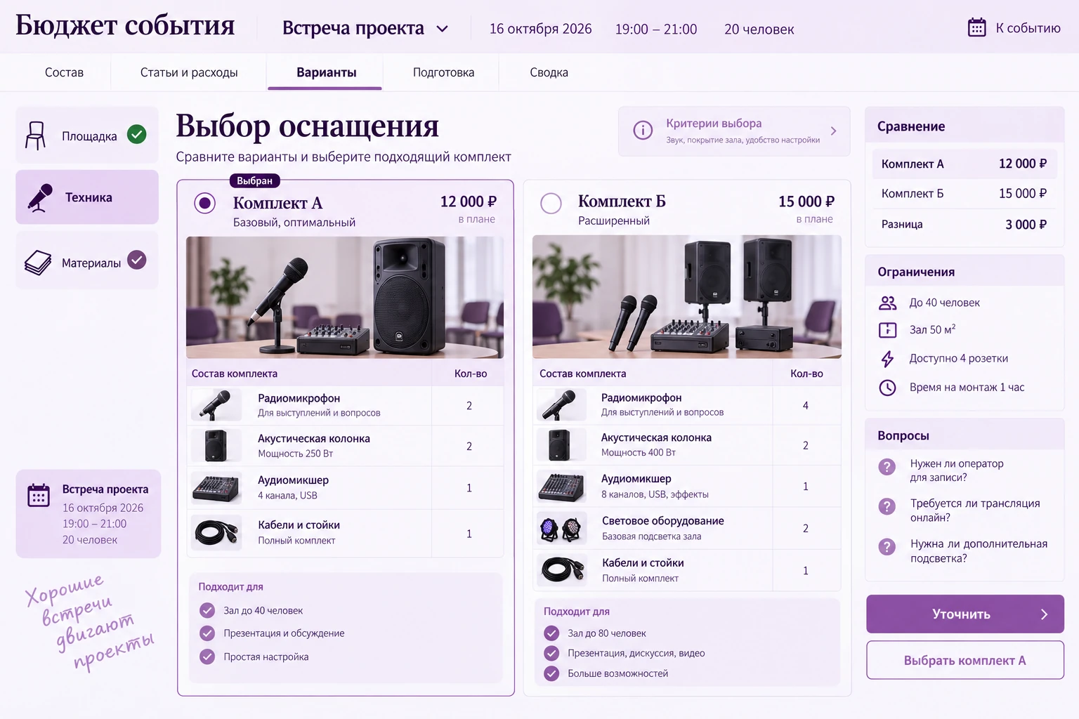 Бюджет события: Сравнить варианты