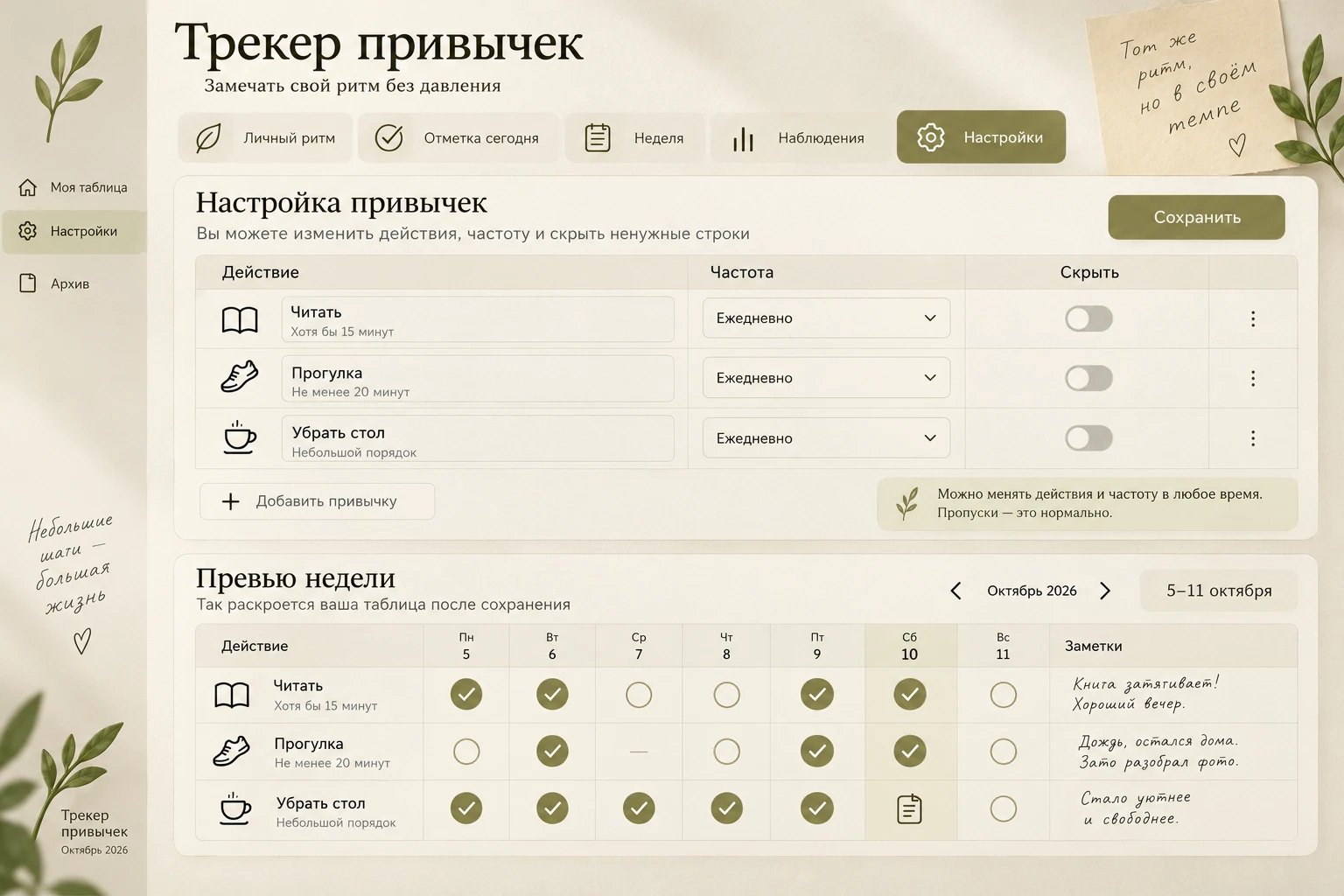 Трекер привычек: Настройка таблицы