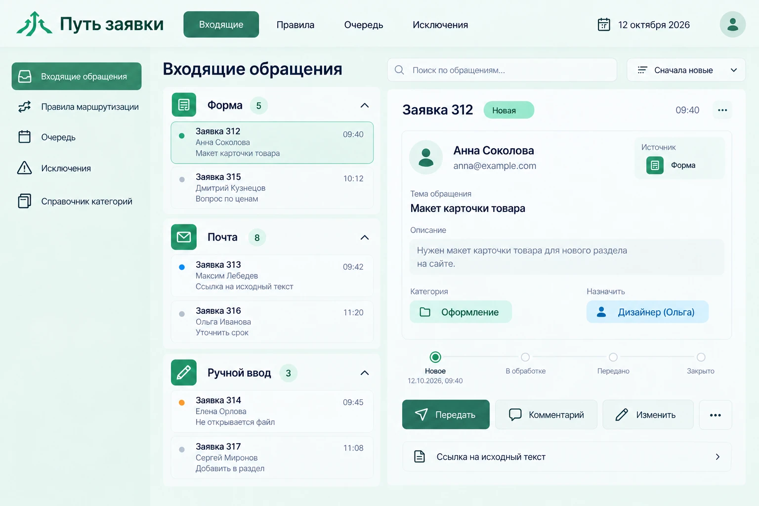 Путь заявки: Входящие обращения