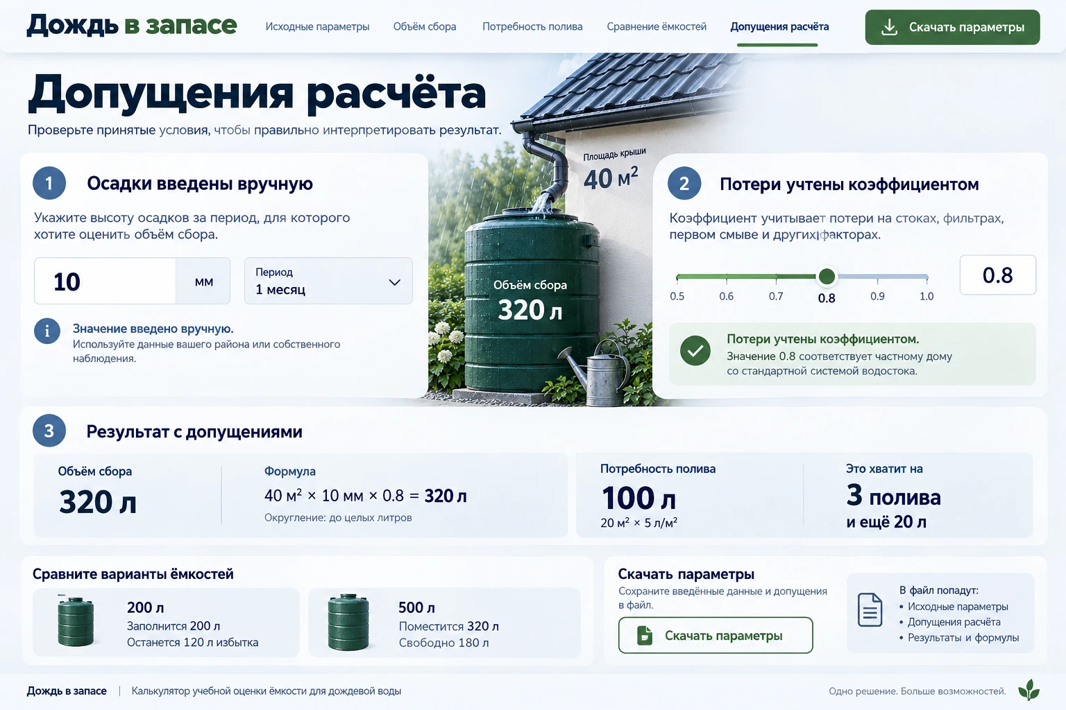 Дождь в запасе: Допущения расчёта
