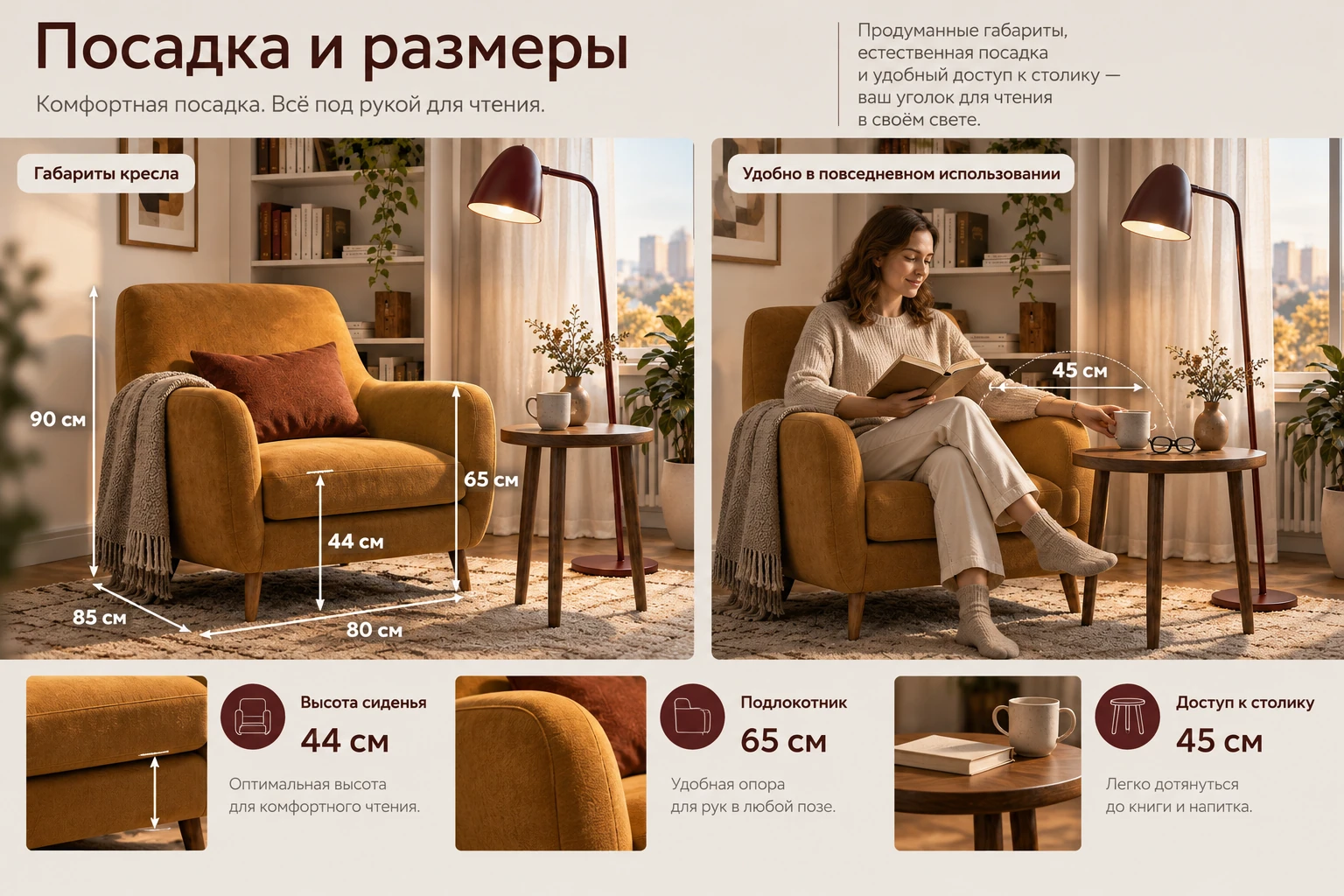 Читать в своём свете: Посадка и размеры