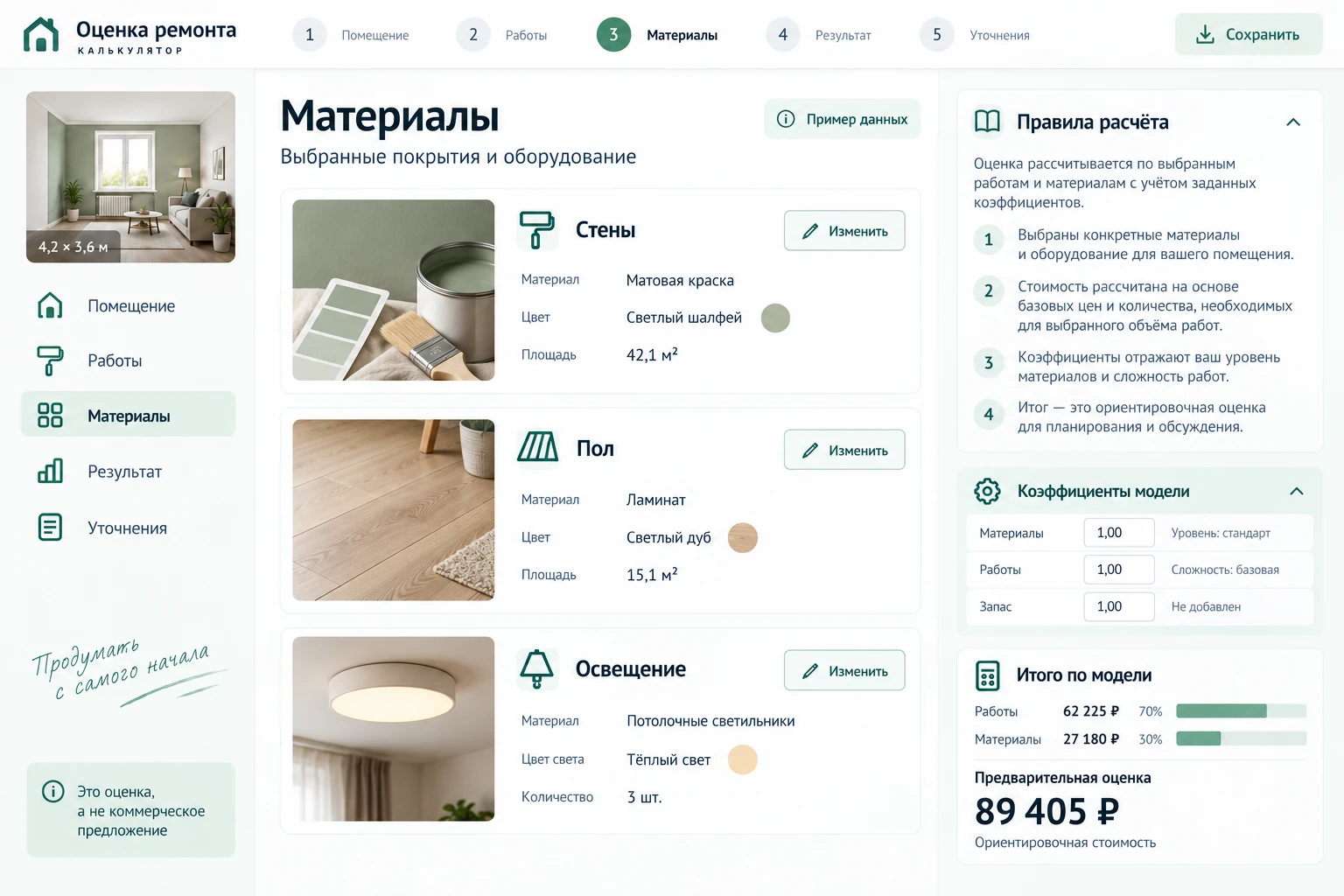 Оценка ремонта: Материалы модели