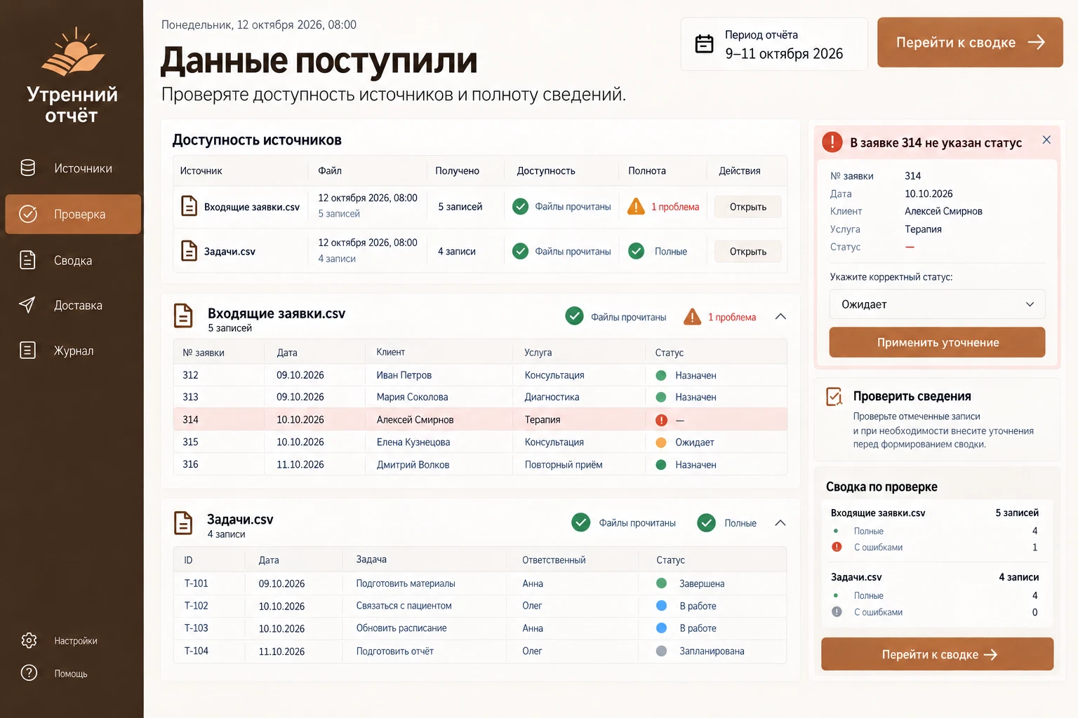 Утренний отчёт: Данные поступили