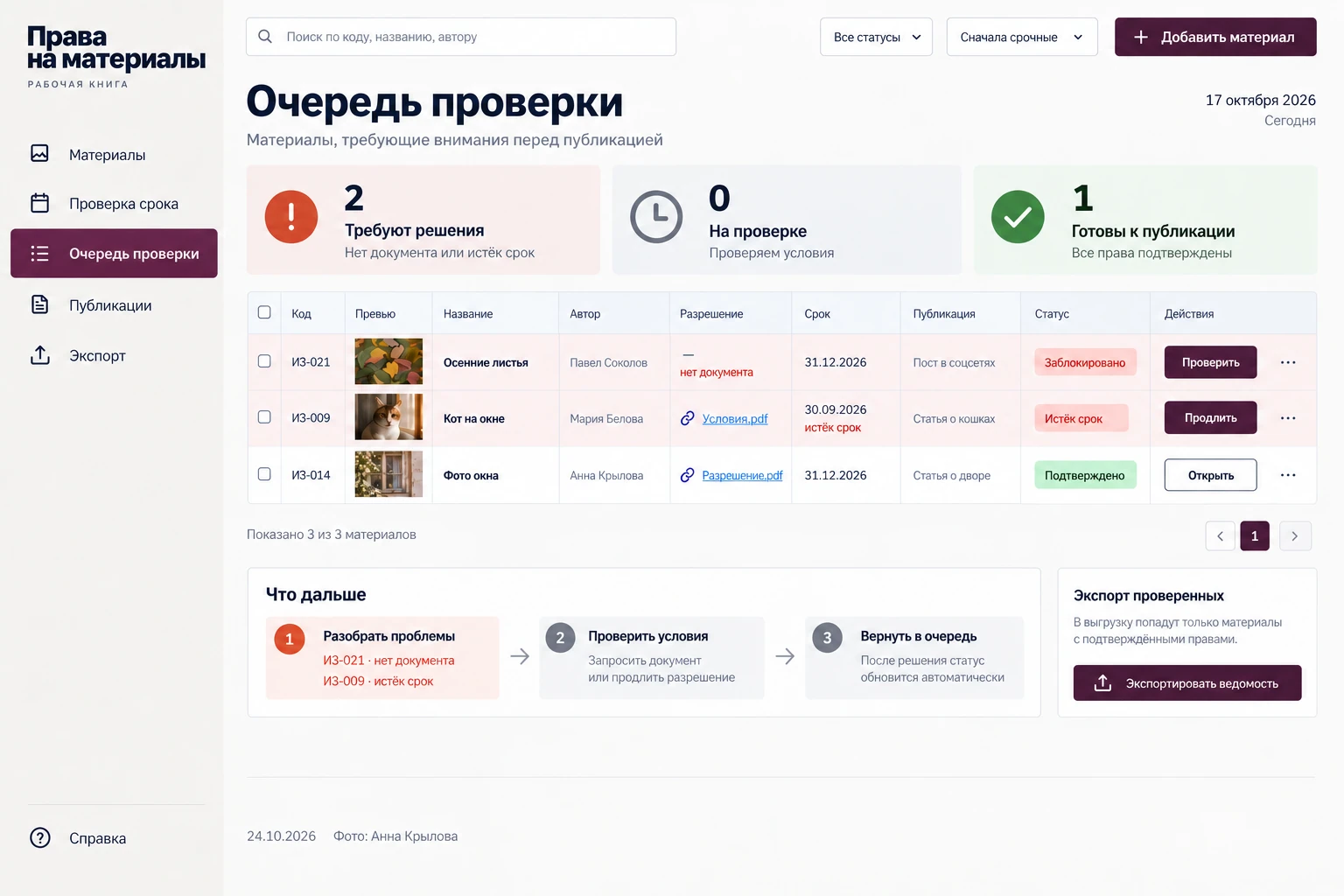 Права на материалы: Очередь проверки