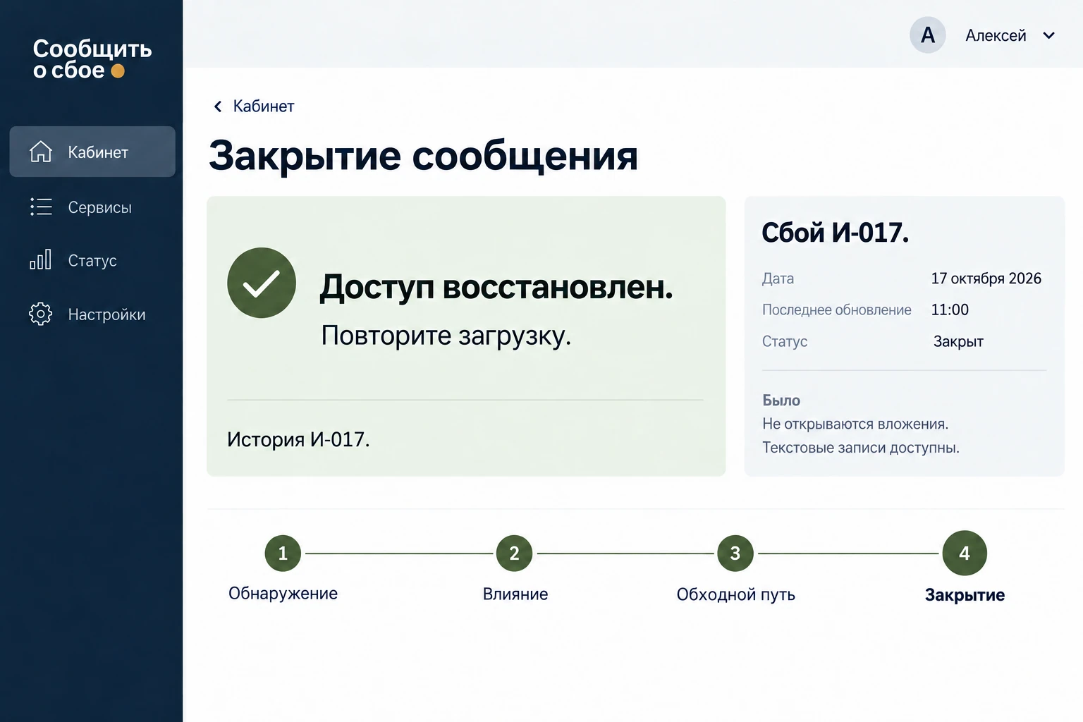 Сообщить о сбое: Закрытие сообщения