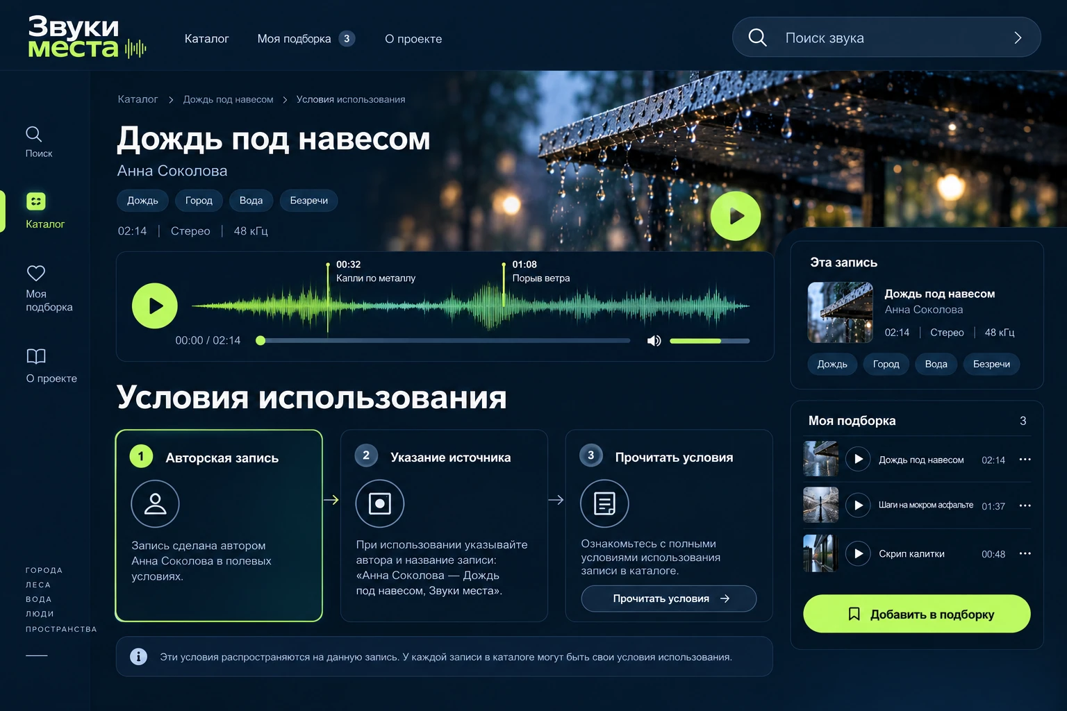 Звуки места: Условия использования