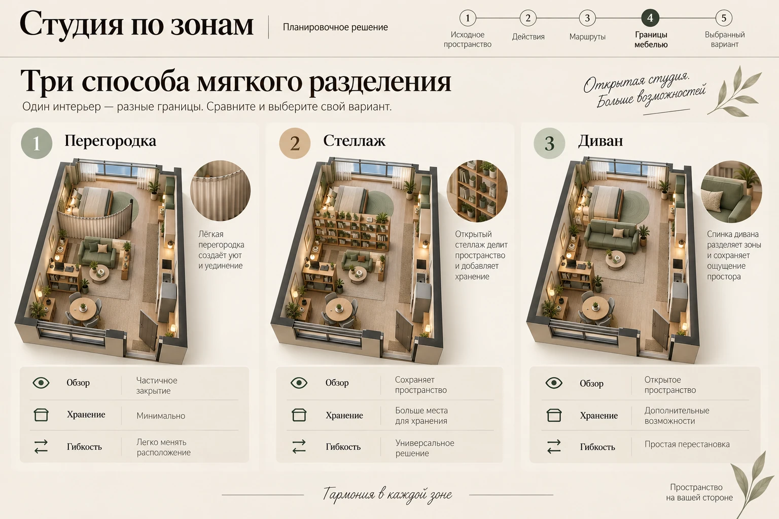 Студия по зонам: Мебель как граница