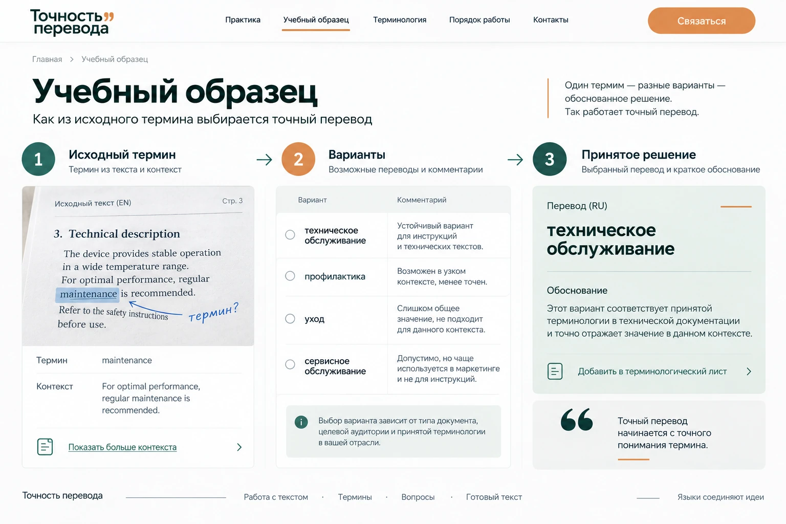 Точность перевода: Учебный образец